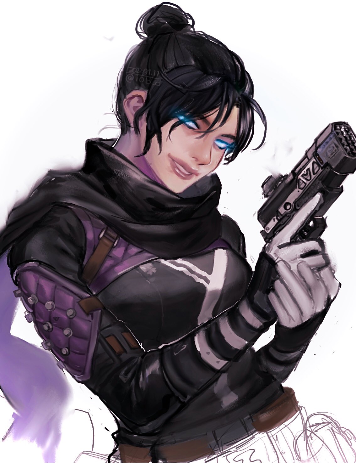 1girl, apex_legends, belt, black_belt, black_scarf, blue_eyes, breasts, glowing
