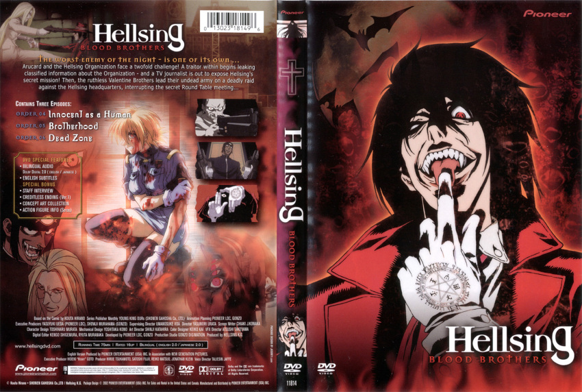 alucard_(hellsing), beast, black_hair, blonde_hair, blood, cross, disc_cover, dual_wielding