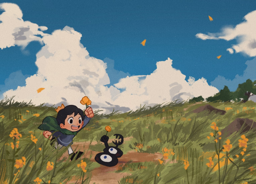 1boy, 1other, 2boys, black_eyes, black_hair, bojji, character_request, clouds, cloudy_sky, commentary, crown, english_commentary, field, flower, holding, long_sleeves, male_focus, mini_crown, multiple_boys, ousama_ranking, pemprika, scenery, short_hair, sky, smile