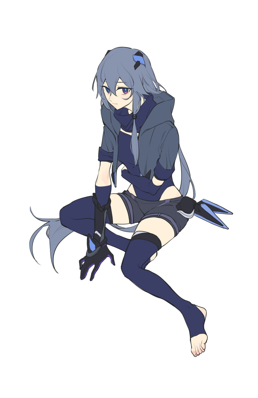 1girl, bangs, black_bodysuit, black_gloves, black_hair, black_legwear, blue_eyes, bodysuit
