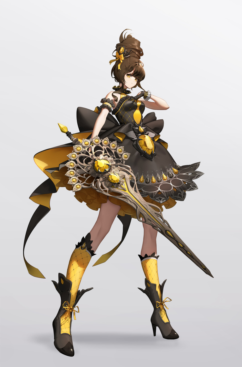 1girl, absurdres, bare_shoulders, black_dress, black_footwear, black_gloves, bow, brown_hair