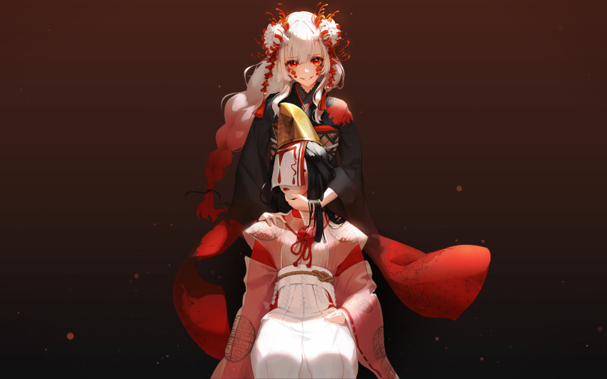 2girls, absurdres, black_hair, black_kimono, commission, eyebrows_visible_through_hair, eyes_visible_through_hair, flower