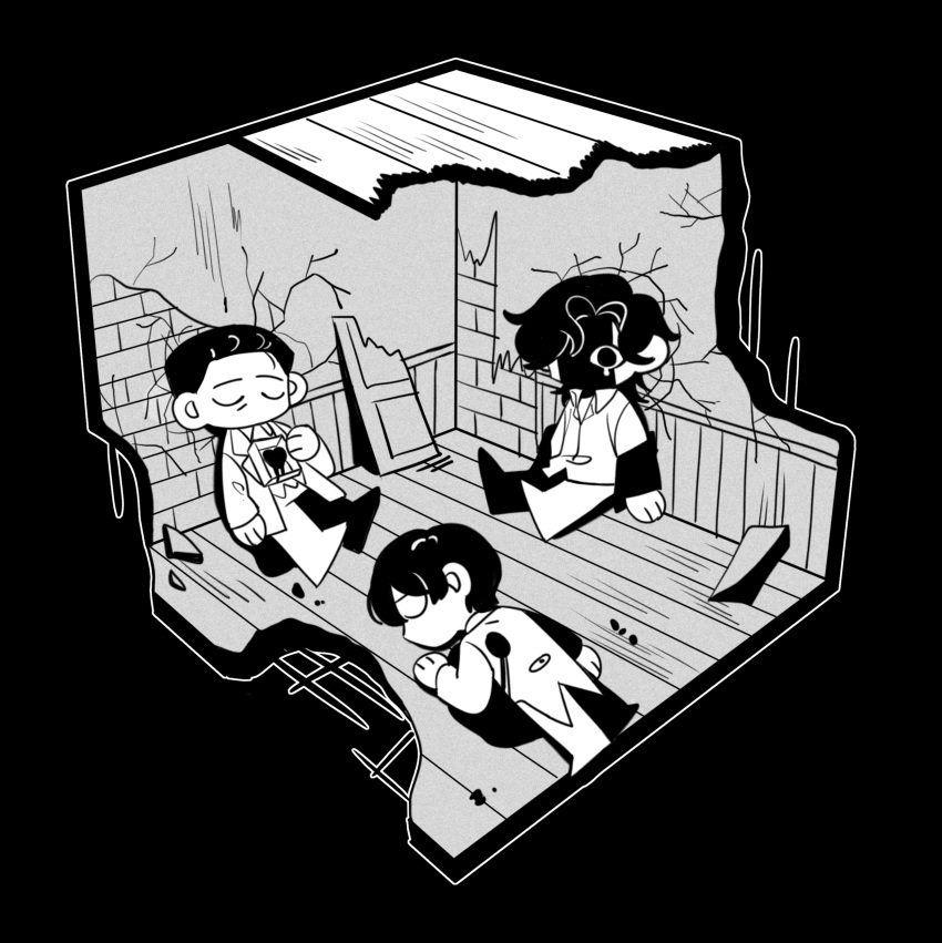 3boys, 86073556, absurdres, bangs, bleeding, blood, brick_wall, closed_eyes