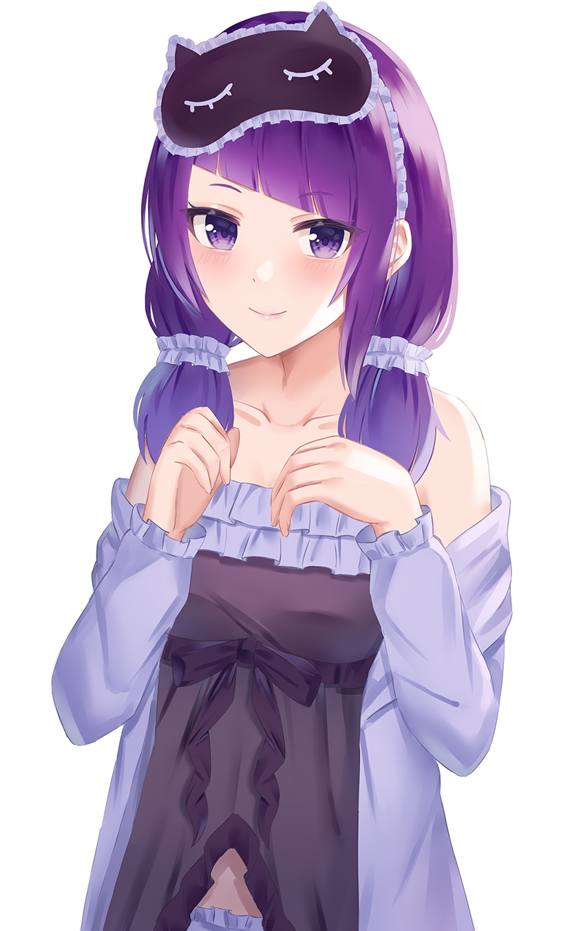 1girl, alternate_costume, animal_ears, bangs, bare_shoulders, blue_nightgown, blunt_bangs, bow