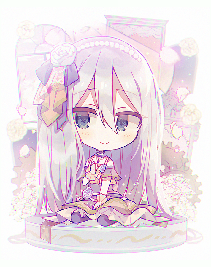 1girl, amano_mizu, beads, between_legs, blue_eyes, bridal_gauntlets, chibi, chromatic_aberration
