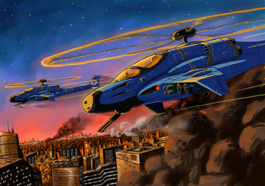 aircraft, architecture, building, burobu-kun, cannon, cityscape, clouds, commentary_request, damaged, explosion, fire, flying, gun, helicopter, highres, military, military_vehicle, missile, night, night_sky, no_humans, original, outdoors, propeller, rooftop, scenery, science_fiction, sky, skyline, skyscraper, smoke, smoke_trail, star_(sky), starry_sky, weapon