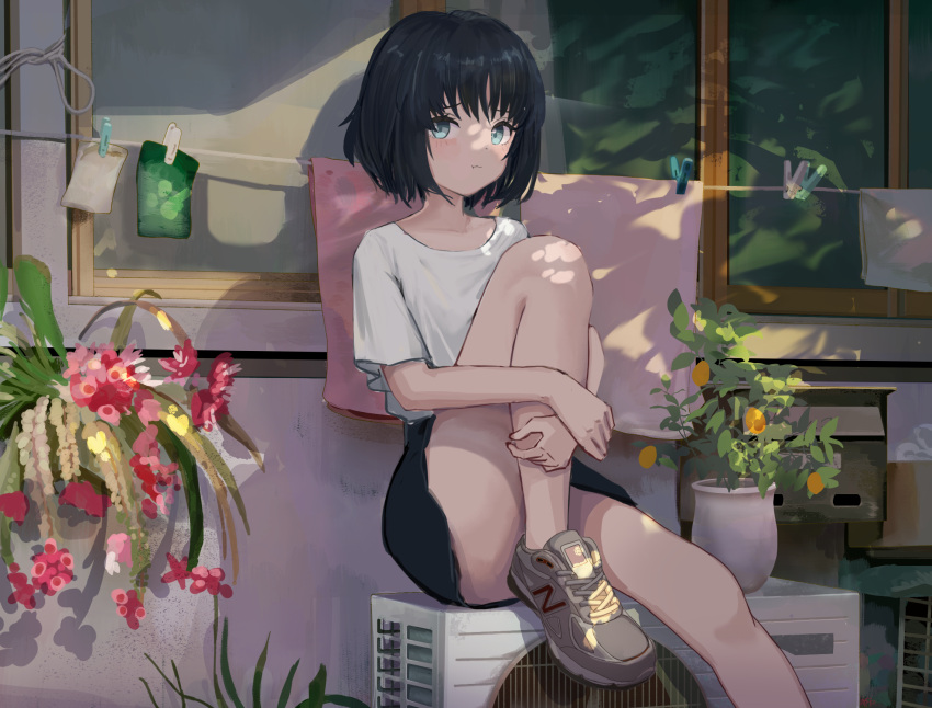 1girl, :t, air_conditioner, black_hair, blue_eyes, bob_cut, clothes_pin, clothesline