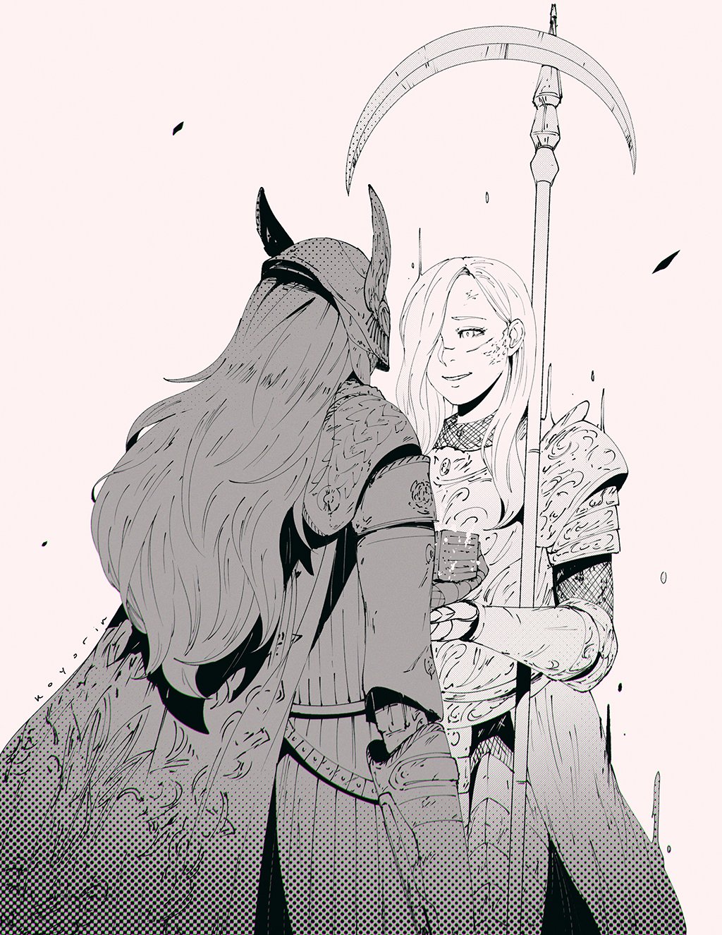 2girls, amputee, armor, breastplate, cape, cleanrot_knight_finlay, dress, elden_ring