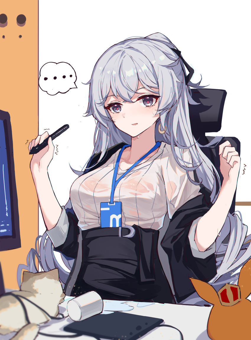 ..., 1girl, absurdres, black_jacket, black_skirt, breasts, bronya_zaychik, bronya_zaychik_(silverwing:_n-ex), cat, chair, earrings, grey_eyes, hands_up, high-waist_skirt, highres, holding, homu_(honkai_impact), honkai_(series), honkai_impact_3rd, id_card, jacket, jewelry, lanyard, long_hair, looking_at_viewer, medium_breasts, off_shoulder, office_chair, office_lady, open_clothes, open_jacket, parted_lips, ribbed_shirt, shirt, skirt, solo, spoken_ellipsis, stylus, sweat, wet, wet_clothes, wet_shirt, white_hair, white_shirt, yajuu