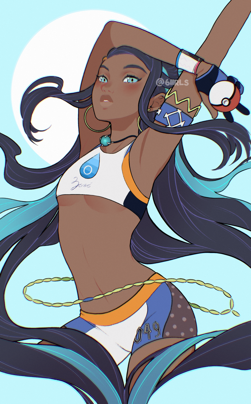 1girl, 6iirls, aqua_background, aqua_eyes, aqua_hair, arched_back, armband, armlet, armpits, arms_up, belly_chain, bike_shorts, black_hair, blush, breasts, commentary, crop_top, cropped_legs, dark-skinned_female, dark_skin, dynamax_band, earrings, english_commentary, gloves, highres, holding, holding_poke_ball, hoop_earrings, jewelry, lips, long_hair, looking_at_viewer, midriff, multicolored_clothes, multicolored_hair, multicolored_shorts, necklace, nessa_(pokemon), partially_fingerless_gloves, poke_ball, poke_ball_(basic), pokemon, pokemon_(game), pokemon_swsh, shirt, shorts, sleeveless, sleeveless_shirt, small_breasts, solo, tumblr_username, two-tone_hair, under_boob, very_long_hair, wristband