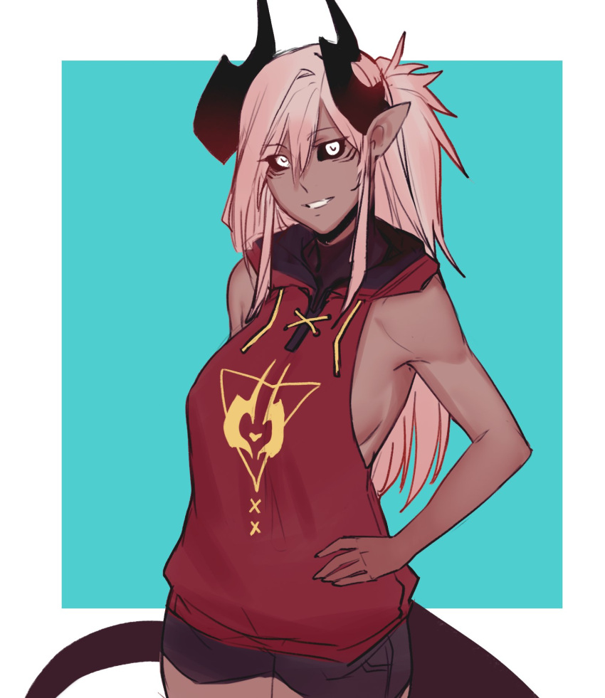 1girl, aiko_(less), arm_behind_back, bangs, bare_arms, black_sclera, black_shorts, breasts