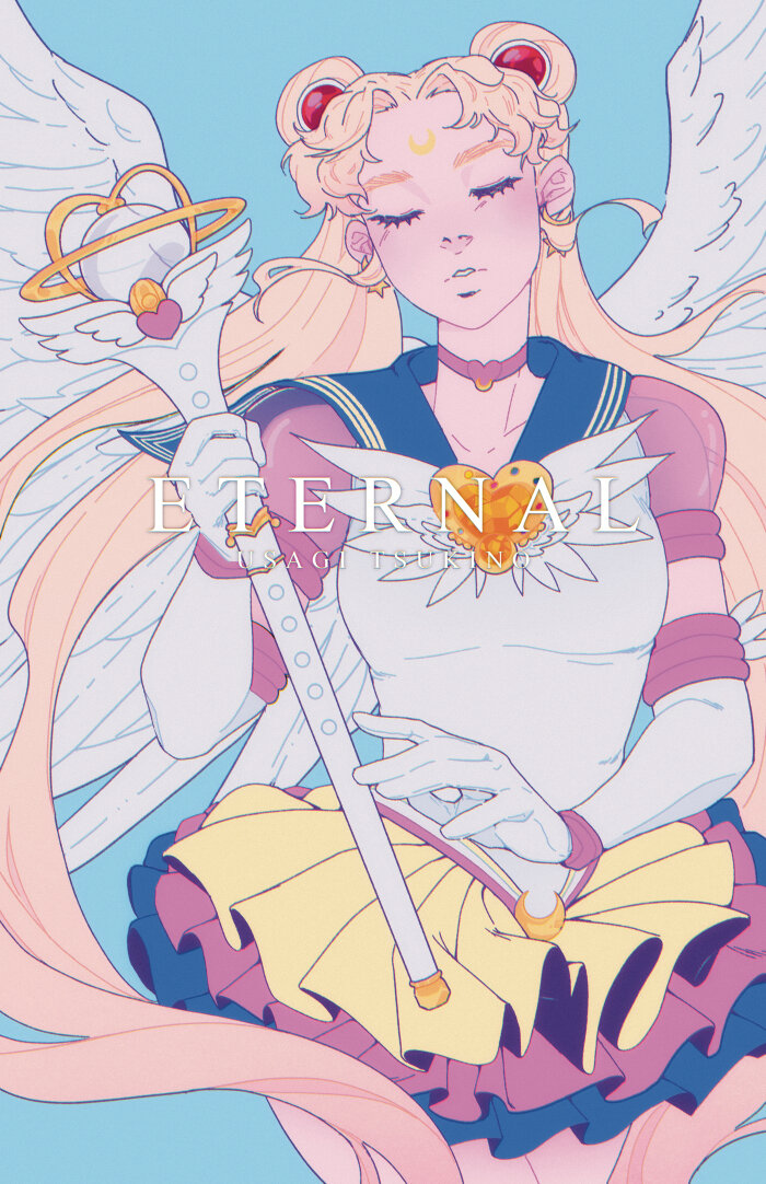 1girl, 6iirls, bangs, bishoujo_senshi_sailor_moon, blonde_hair, blue_background, blue_sailor_collar, blue_skirt, brooch, character_name, choker, closed_eyes, commentary, cowboy_shot, crescent, crescent_brooch, crescent_earrings, crescent_facial_mark, double_bun, earrings, elbow_gloves, english_commentary, english_text, eternal_sailor_moon, eternal_tiare, facial_mark, feathered_wings, forehead_mark, gloves, hair_ornament, heart, heart_brooch, heart_choker, holding, holding_staff, jewelry, layered_skirt, long_hair, miniskirt, multicolored_clothes, multicolored_skirt, parted_bangs, parted_lips, pink_choker, pink_skirt, puffy_short_sleeves, puffy_sleeves, sailor_collar, sailor_moon, sailor_senshi_uniform, see-through_sleeves, short_sleeves, skirt, solo, staff, star_(symbol), star_earrings, tsukino_usagi, twintails, very_long_hair, waist_brooch, white_gloves, white_wings, wing_brooch, wings, yellow_skirt