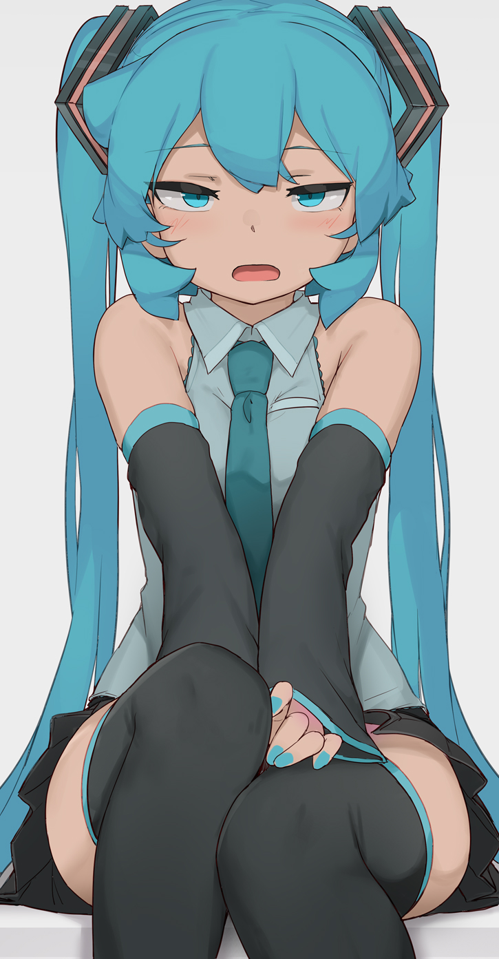 1girl, abmayo, bare_shoulders, blush, breasts, detached_sleeves, hair_ornament, hatsune_miku