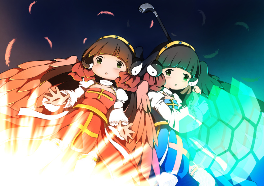 2girls, arch_bishop_(ragnarok_online), bangs, black_hair, blue_dress, blunt_bangs, blush, cleavage_cutout