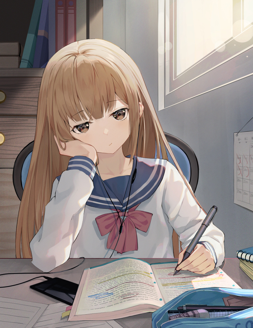 1girl, absurdres, bangs, blue_sailor_collar, blunt_bangs, cellphone, collarbone, earphones