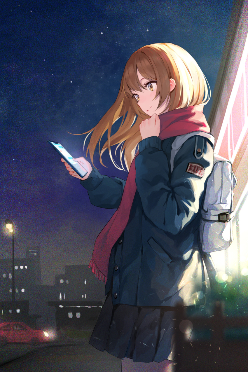 1girl, bag, bangs, black_skirt, blonde_hair, city_lights, coat, highres