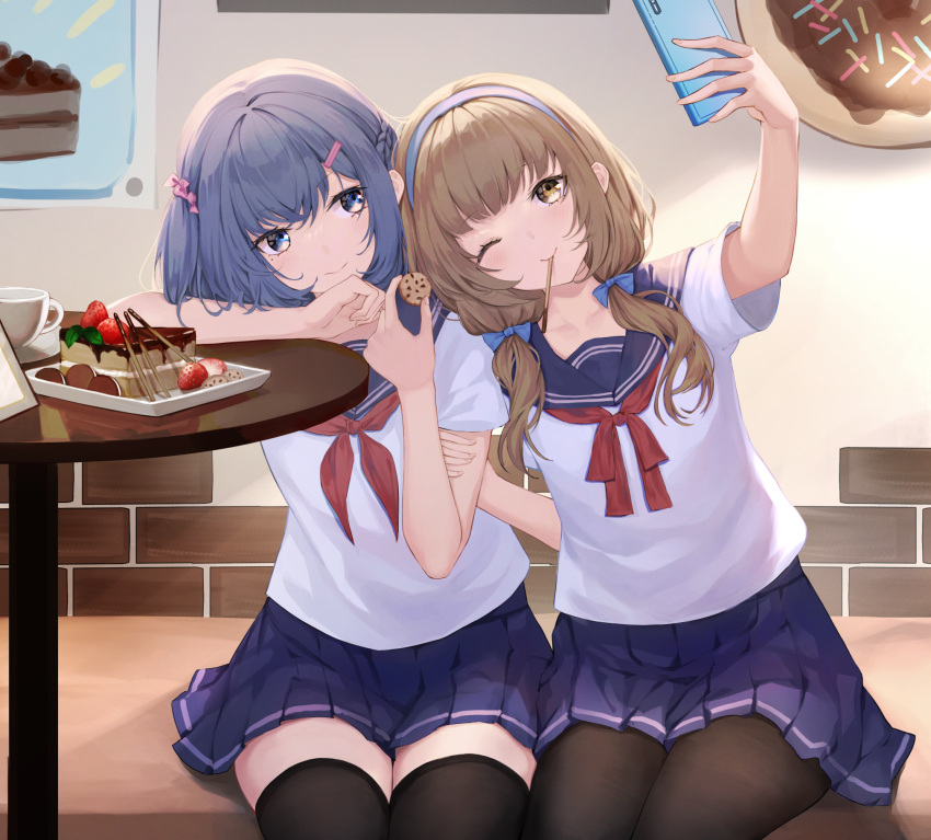 2girls, bangs, black_legwear, blue_bow, blue_eyes, blue_hair, blue_hairband, blue_sailor_collar