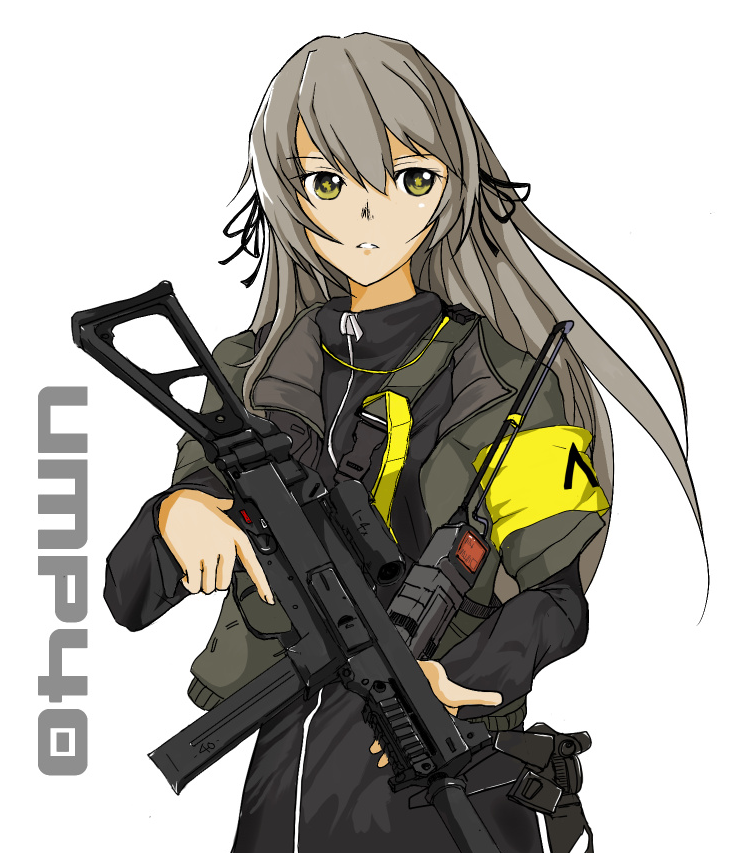 1girl, armband, bangs, black_ribbon, brown_hair, character_name, commentary_request, expressionless
