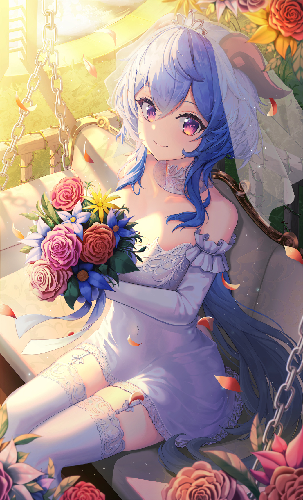1girl, blue_skirt, bouquet, breasts, bridal_veil, bride, collarbone, detached_collar