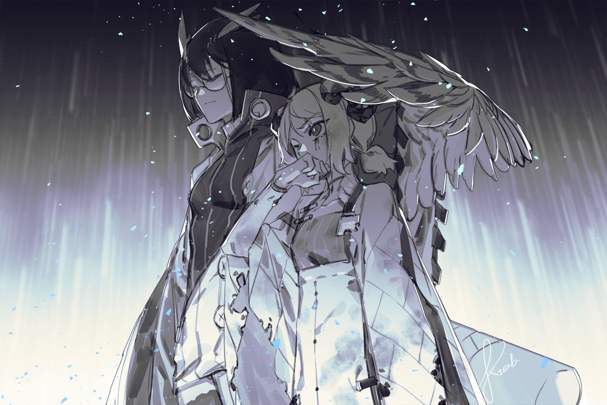 2girls, arknights, arm_up, choker, closed_eyes, coat, cowboy_shot, feathered_wings