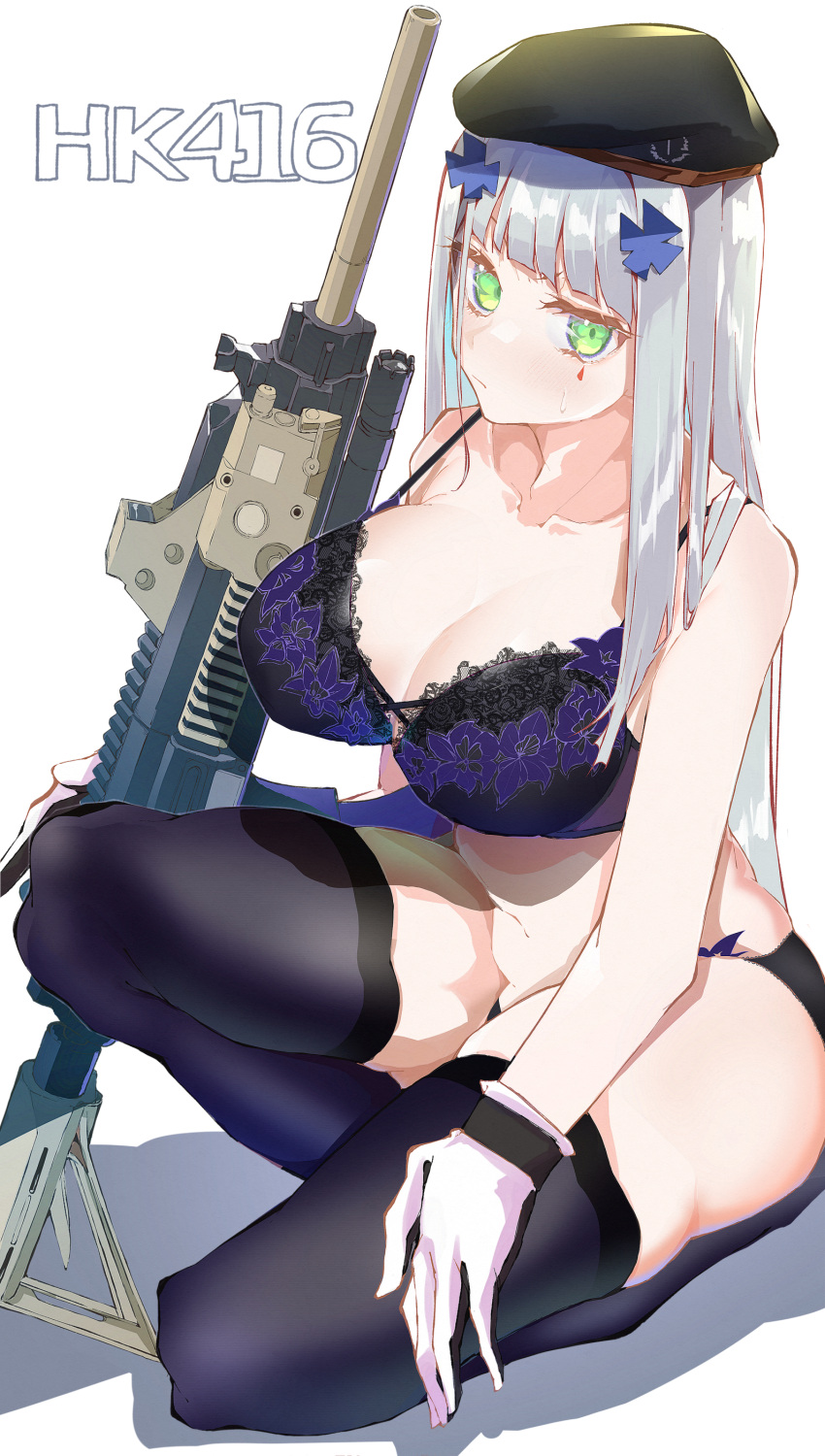 1girl, absurdres, assault_rifle, bangs, beret, black_hair, blunt_bangs, bra