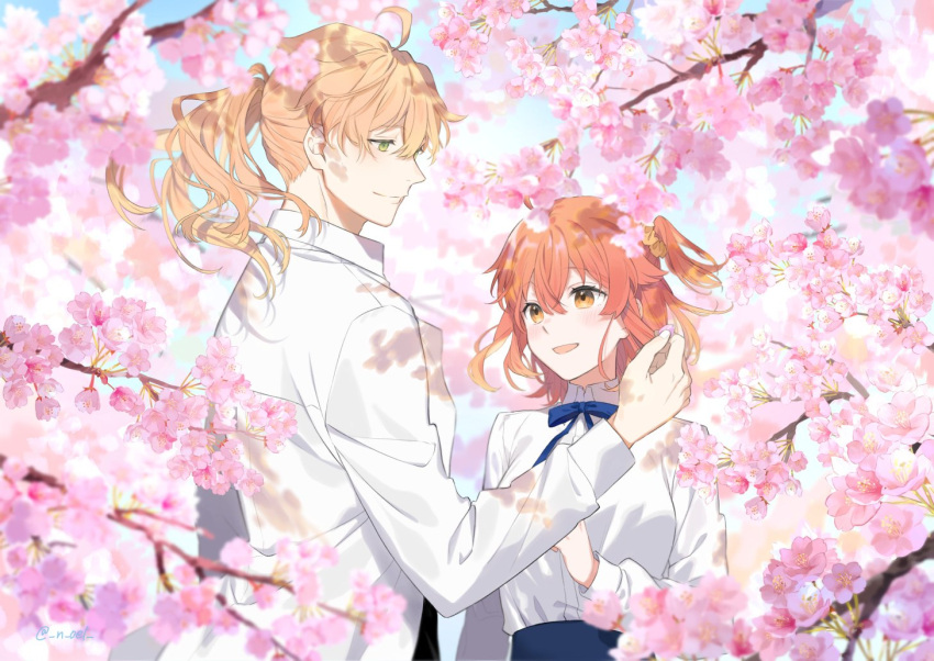 1boy, 1girl, :d, ahoge, alternate_costume, artoria_pendragon_(fate), bangs, blue_bow
