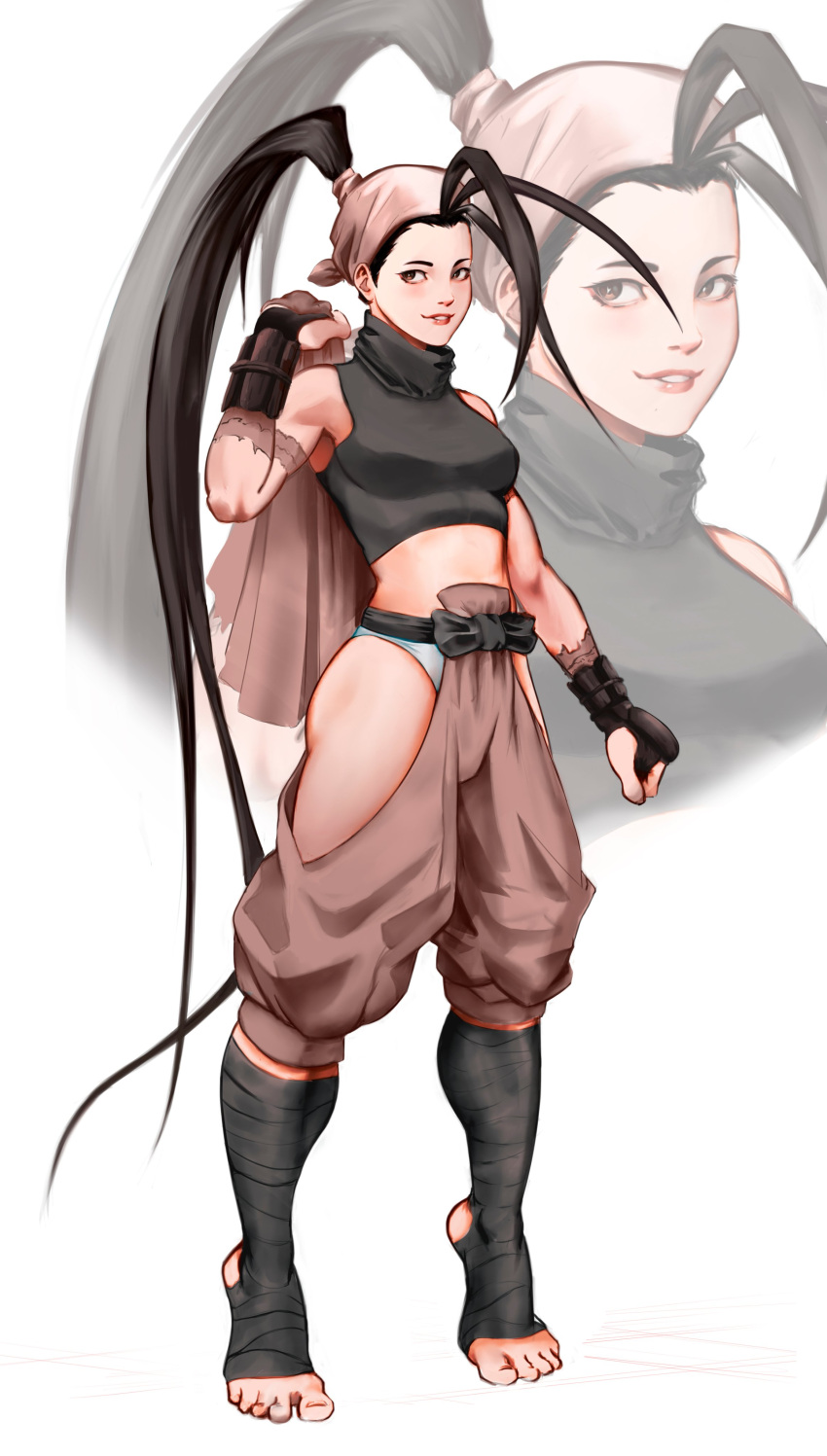 1girl, absurdres, ankle_wrap, antenna_hair, armor, black_hair, black_shirt, breasts, brown_bandeau, brown_eyes, brown_pants, caprara, clenched_hand, crop_top, english_commentary, forehead, high_ponytail, highres, hip_vent, ibuki_(street_fighter), jacket, jacket_on_shoulders, japanese_armor, kote, leg_wrap, lips, long_hair, looking_away, medium_breasts, ninja, no_shoes, nose, panties, pants, shirt, sleeveless, sleeveless_turtleneck, solo, standing, street_fighter, street_fighter_iii_(series), thighs, tiptoes, toes, toned, turtleneck, underwear, very_long_hair, white_panties, zoom_layer