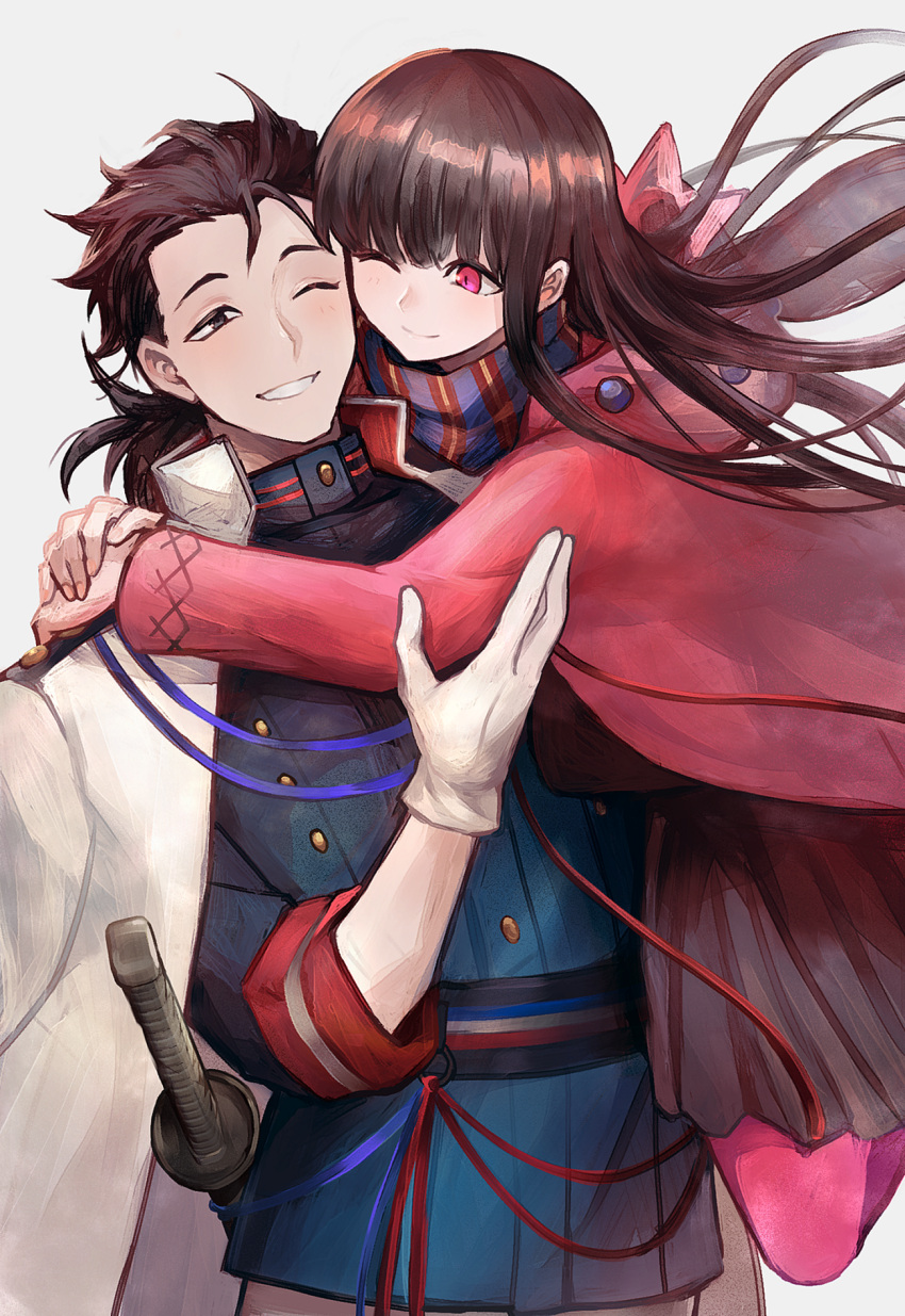 1boy, 1girl, bangs, black_hair, black_skirt, blue_shirt, blush, commentary, couple, dress, fate/grand_order, fate_(series), feet_out_of_frame, gloves, highres, honi_(honi), hood, hooded_jacket, hug, jacket, jacket_on_shoulders, katana, long_hair, long_sleeves, looking_at_another, official_alternate_costume, one_eye_closed, oryou_(fate), oryou_(lancer)_(fate), pink_eyes, pink_jacket, pink_legwear, ponytail, sakamoto_ryouma_(fate), sakamoto_ryouma_(lancer)_(fate), scarf, shirt, simple_background, skirt, smile, sword, teeth, very_long_hair, weapon, white_background, white_gloves, white_jacket