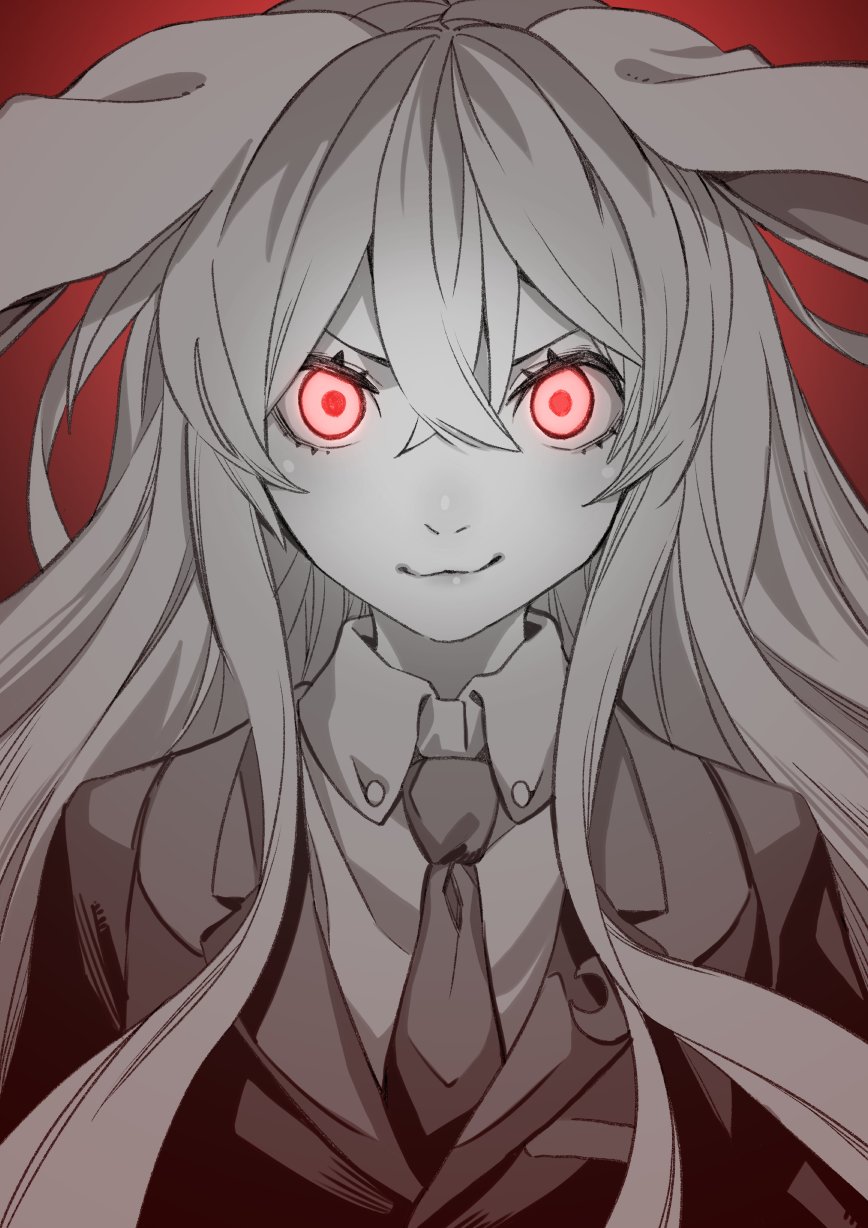 1girl, animal_ears, bangs, blazer, crescent, crescent_pin, glowing, glowing_eyes
