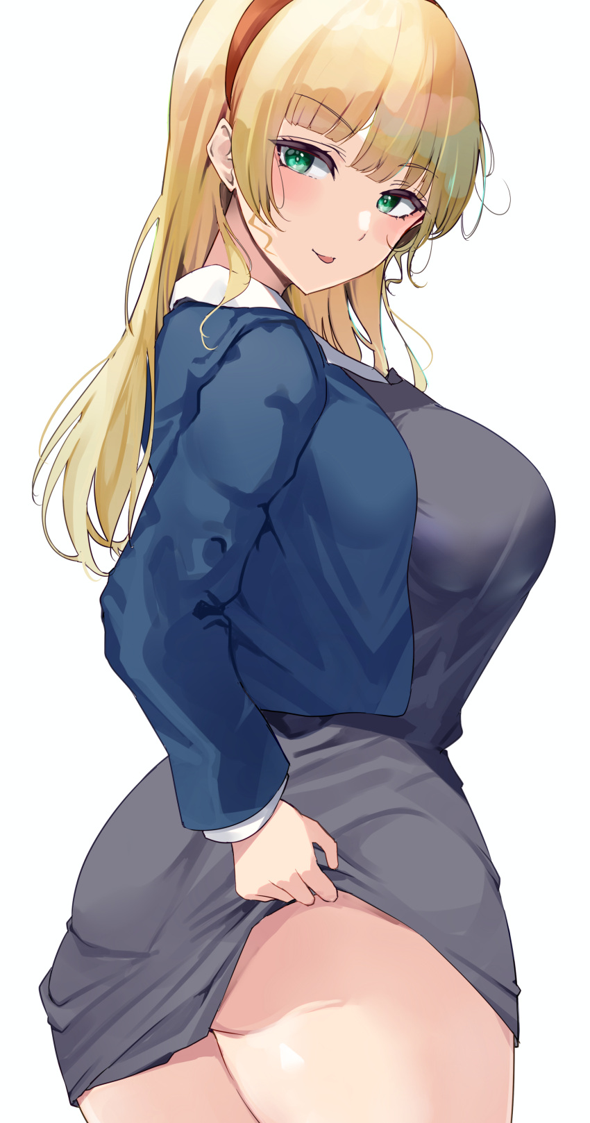 1girl, absurdres, blonde_hair, blue_jacket, breasts, clothes_lift, collared_shirt, from_side