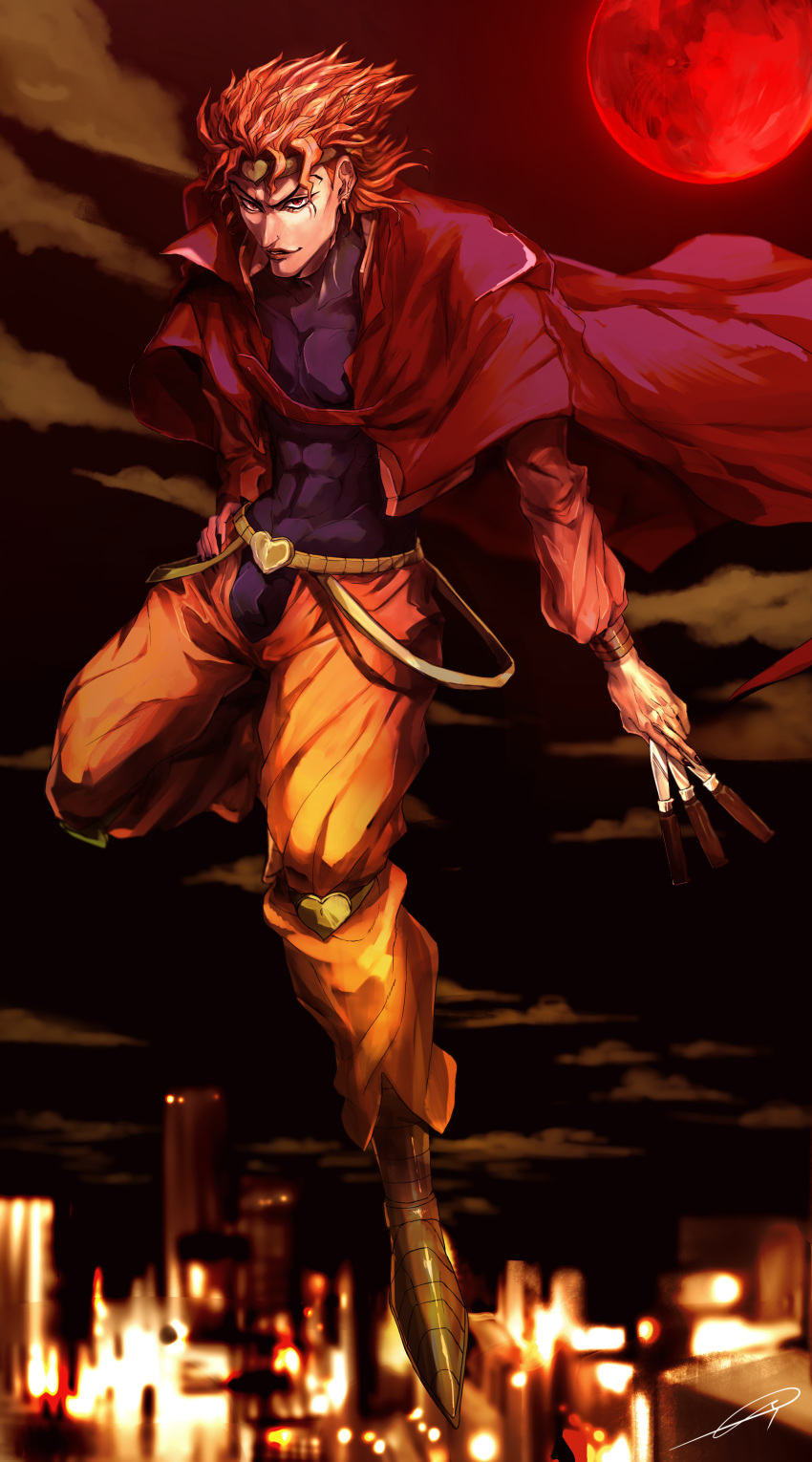 1boy, absurdres, blonde_hair, cape, dio_brando, flying, green_footwear, headband