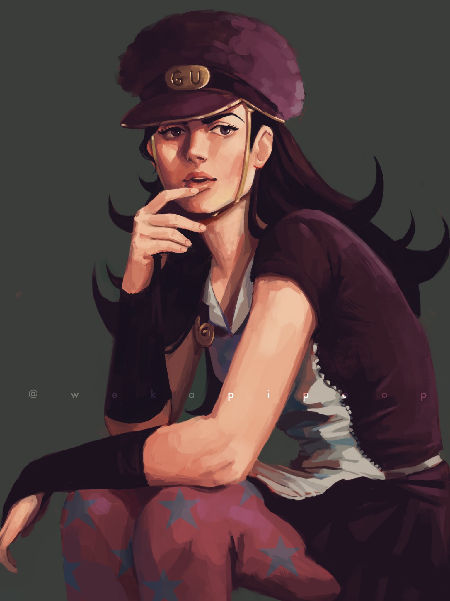1girl, apron, artist_name, black_hair, detached_sleeves, green_background, hat, highres