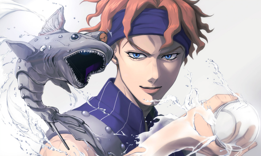 1boy, blue_eyes, clash_(stand), glass, headband, highres, hospital_0434, jojo_no_kimyou_na_bouken