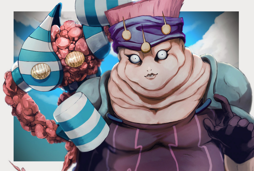 1boy, armor, bubble, carne_(jojo), clouds, dress, gloves, hammer