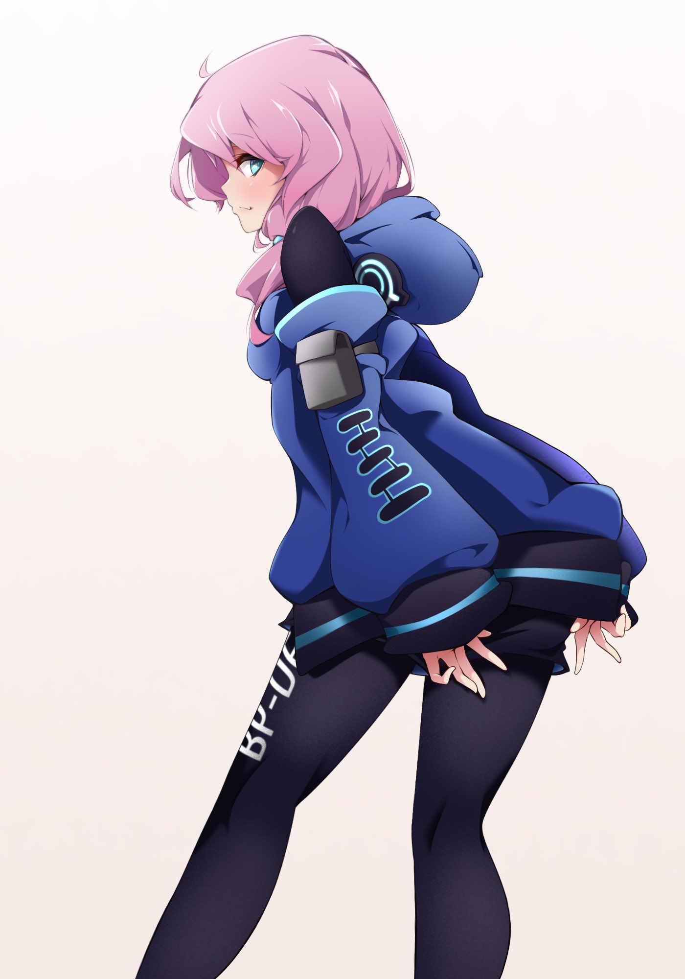 1girl, arknights, black_legwear, black_shorts, blue_eyes, blue_jacket, blue_poison_(arknights), blush