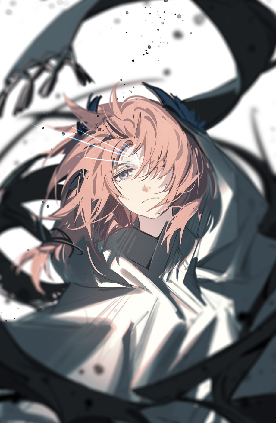 1boy, arknights, bangs, blue_eyes, commentary, hair_over_one_eye, head_wings, highres