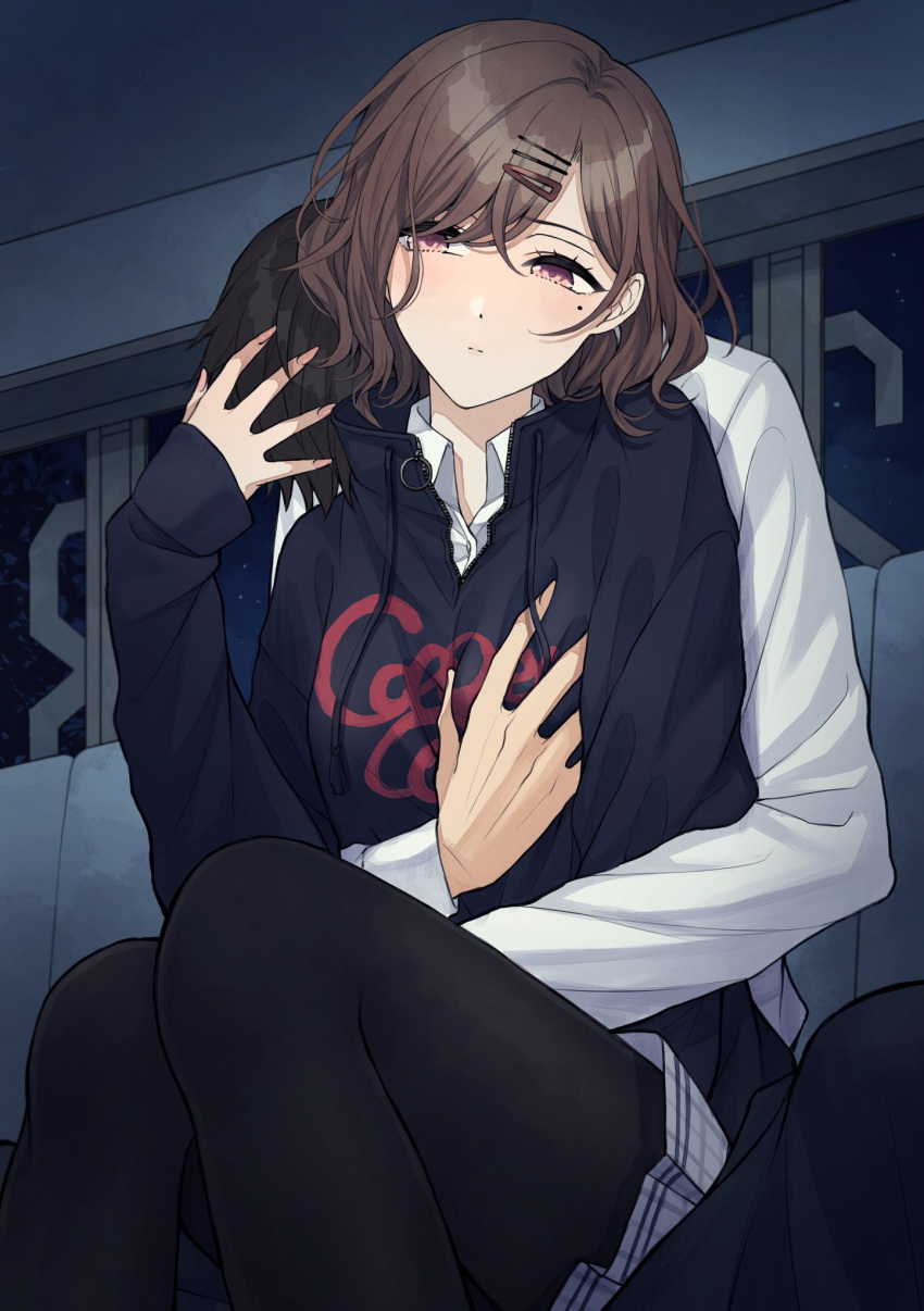 1boy, 1girl, ae_iueo, black_hair, black_legwear, couch, expressionless, hand_on_another's_chest