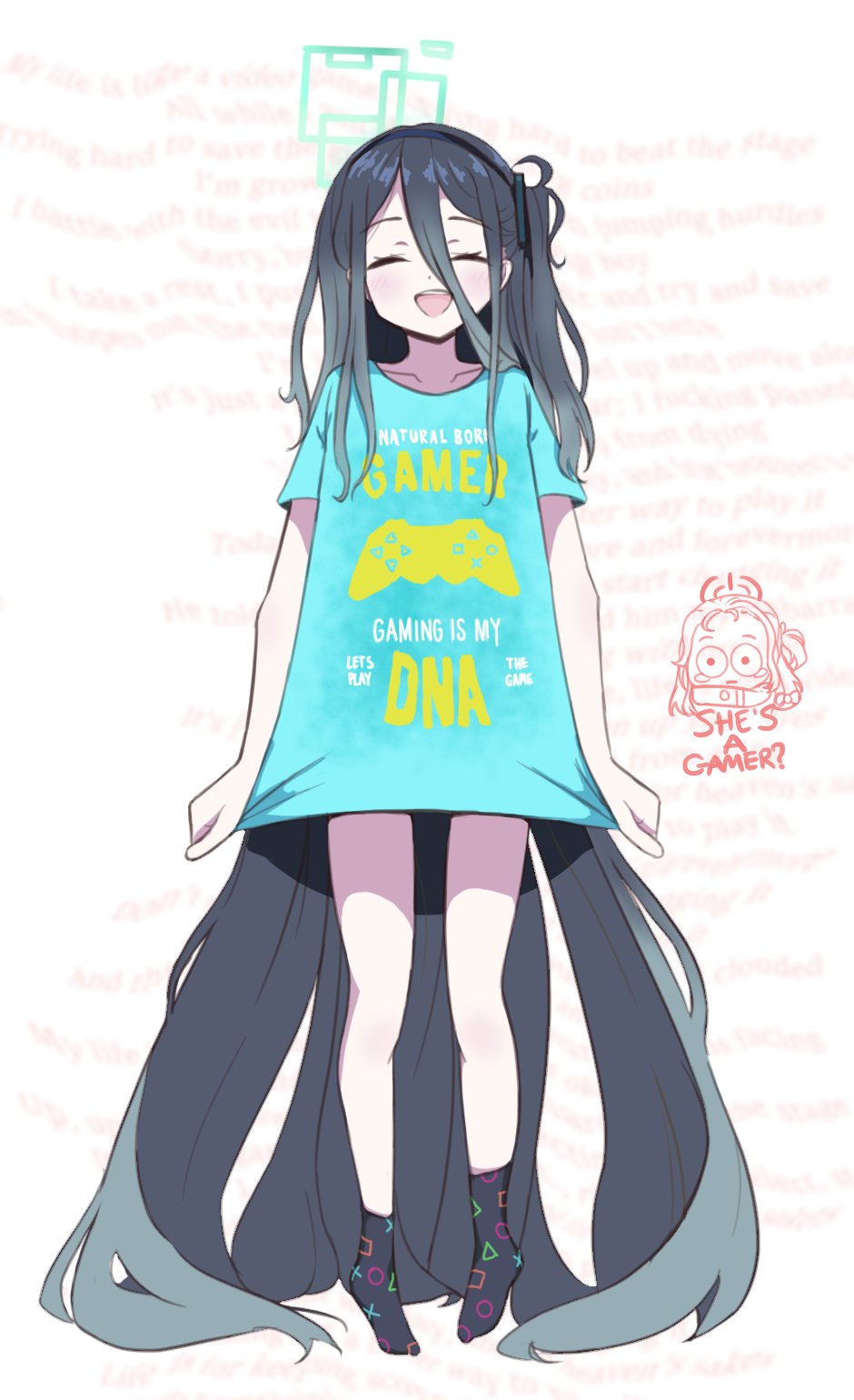 1girl, :d, ^_^, absurdly_long_hair, arisu_(blue_archive), black_hair, black_legwear, blue_archive
