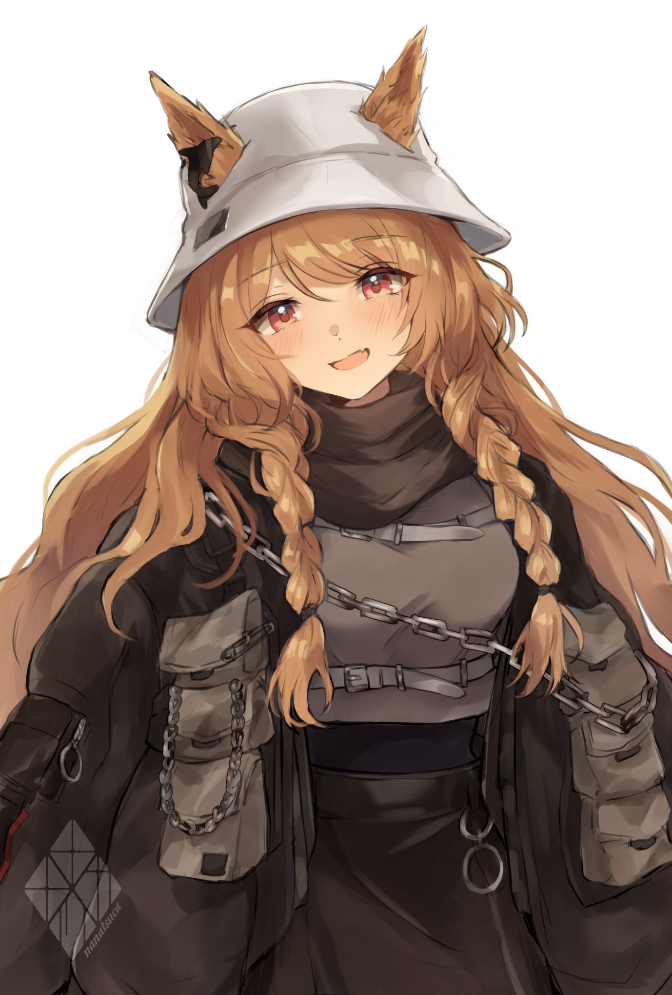 1girl, animal_ears, arknights, bangs, belt, belt_buckle, black_coat, blush
