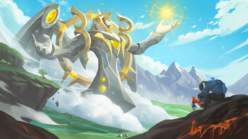 1boy, 1girl, 1other, blue_skin, closed_eyes, clouds, colored_skin, dress, duel_monster, fog, grass, hands_up, height_difference, highres, laval_cannon, laval_lakeside_lady, long_hair, molten_rock, mountainous_horizon, muscular, muscular_male, pants, redhead, sihai_(wsskdywe), sitting, topless_male, vylon_epsilon, yu-gi-oh!