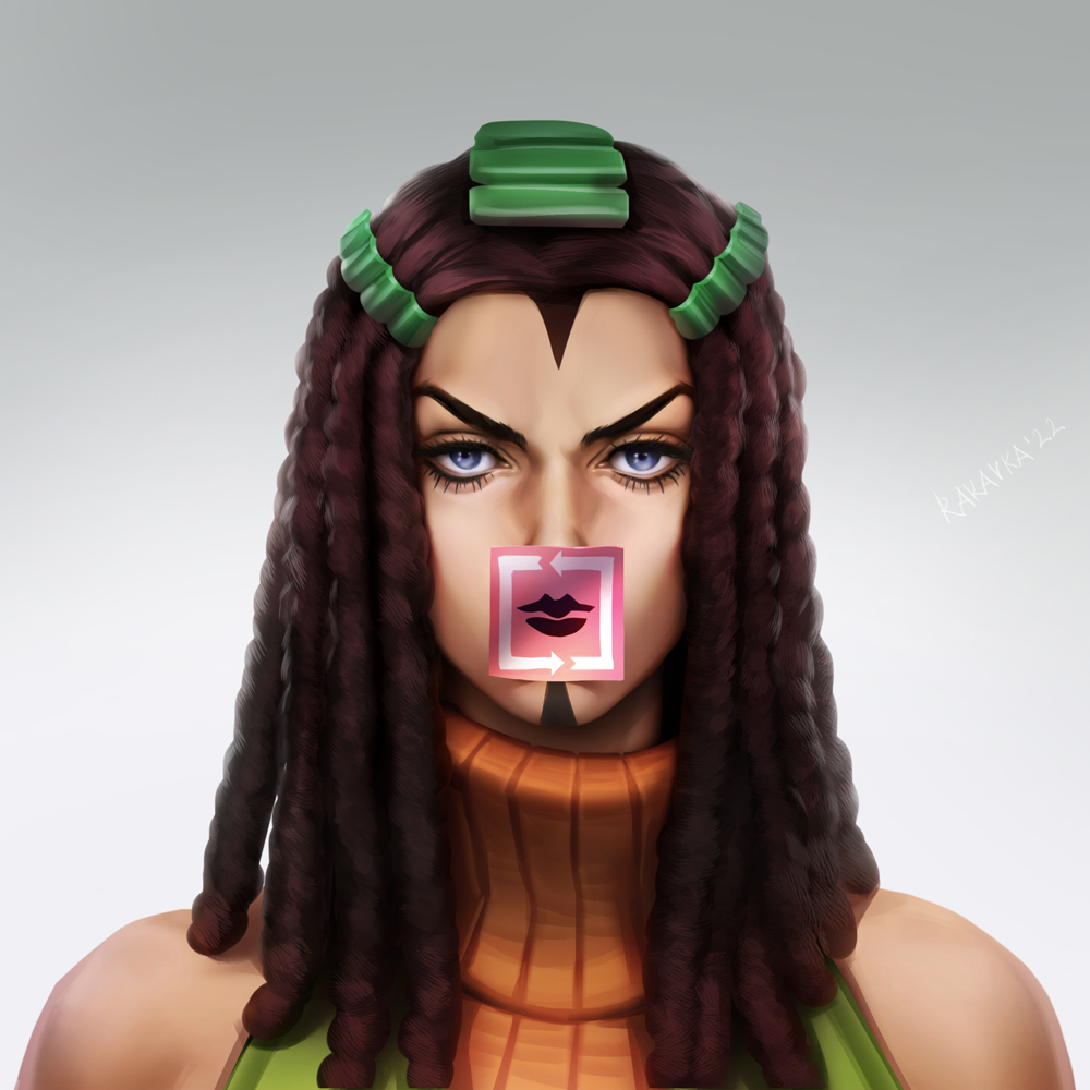 1girl, artist_name, black_hair, blue_eyes, dreadlocks, ermes_costello, jojo_no_kimyou_na_bouken, looking_at_viewer