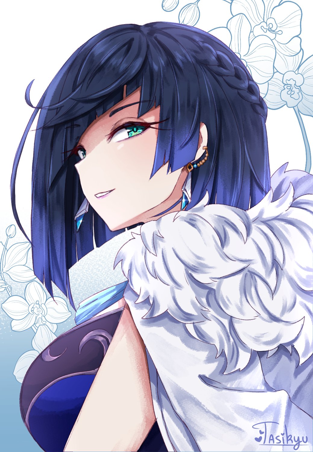 1girl, black_hair, blue_hair, blue_shirt, braid, breasts, earrings, english_commentary