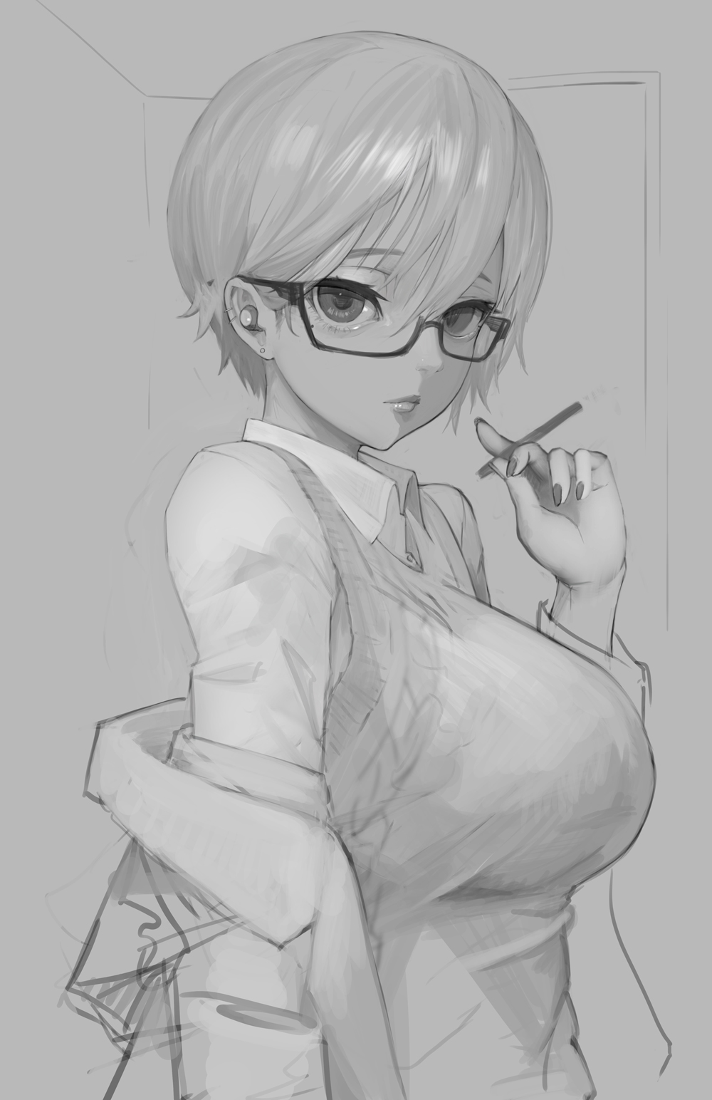 1girl, breasts, ear_piercing, eyelashes, glasses, highres, hiragana_oufu, jewelry