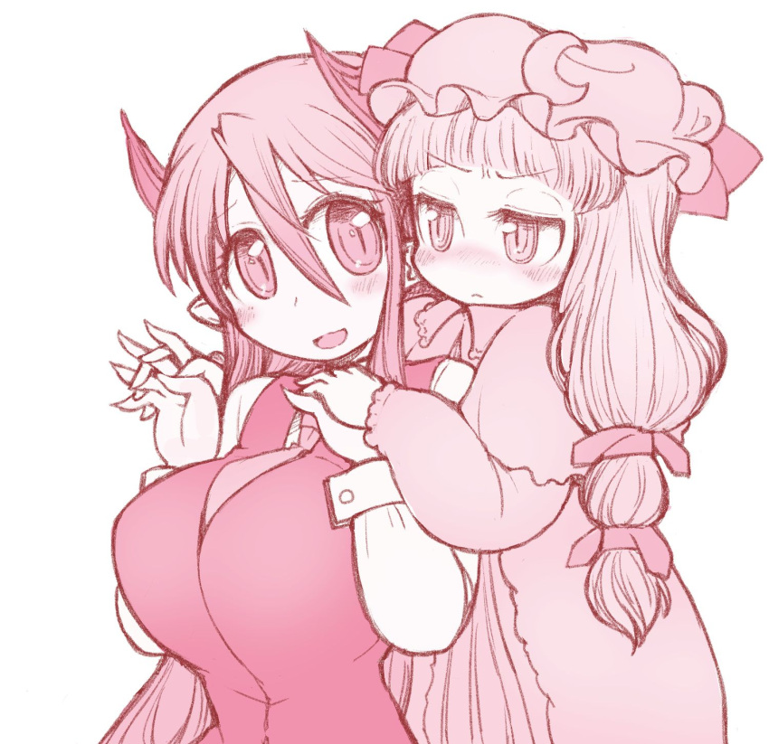 2girls, bangs, blunt_bangs, blush, breasts, crescent, crescent_hat_ornament, dress