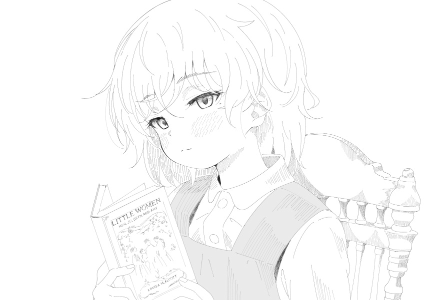 1girl, blush, book, chair, collared_shirt, expressionless, eyebrows_visible_through_hair, greyscale