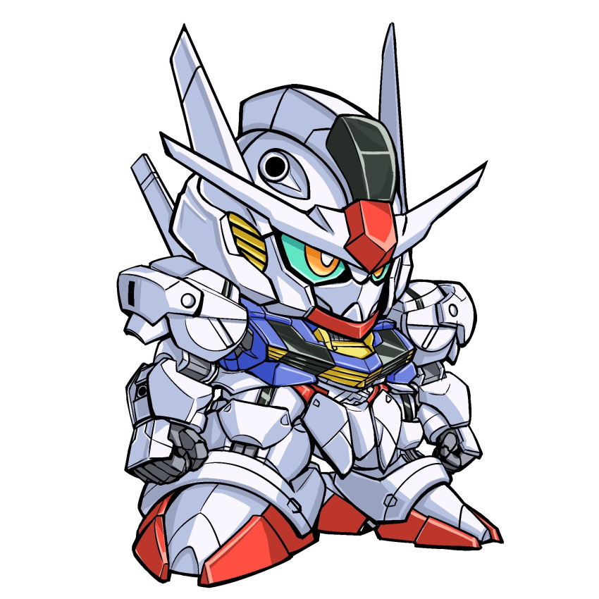 aqua_sclera, chibi, colored_sclera, gundam, gundam_aerial, gundam_suisei_no_majo, highres, mecha, mobile_suit, no_humans, nyun_seki, orange_eyes, science_fiction, sd_gundam, solo, standing, v-fin, white_background