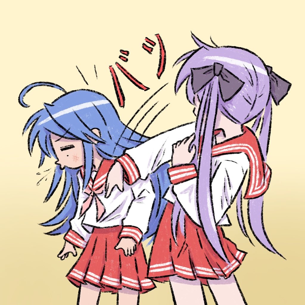 2girls, ahoge, bangs, blue_hair, closed_eyes, eyebrows_visible_through_hair, hiiragi_kagami, izumi_konata