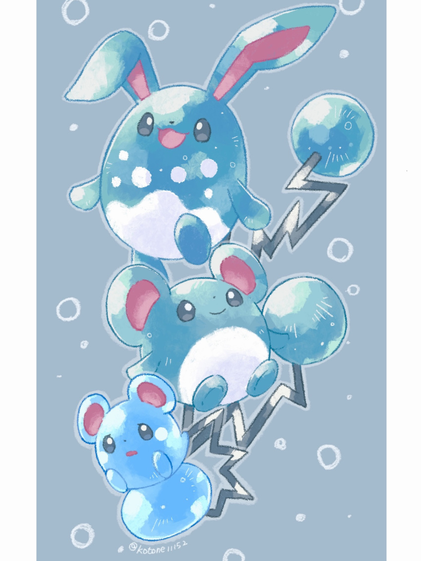 :d, azumarill, azurill, bubble, closed_mouth, commentary_request, happy, highres, kotone11152, marill, no_humans, open_mouth, pillarboxed, pokemon, pokemon_(creature), smile, tongue, twitter_username