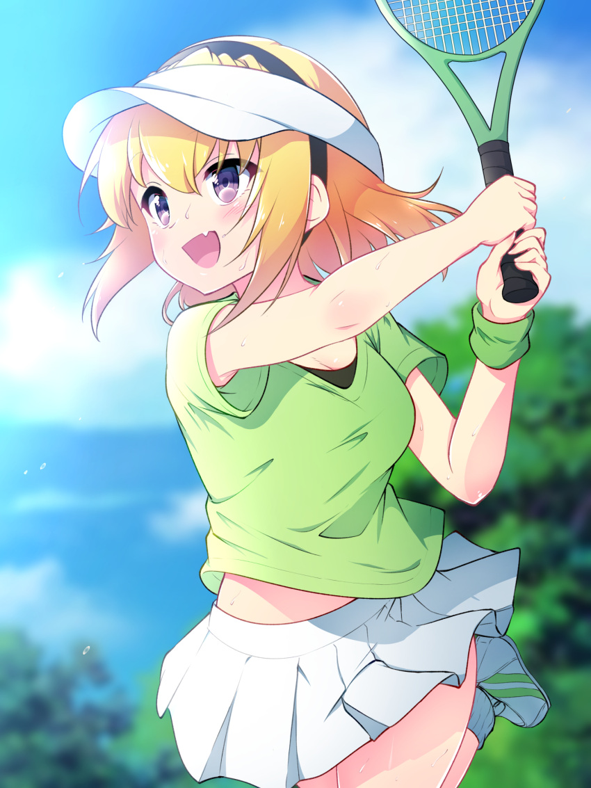 1girl, bangs, black_hairband, blonde_hair, blue_sky, blurry, blurry_background, blush