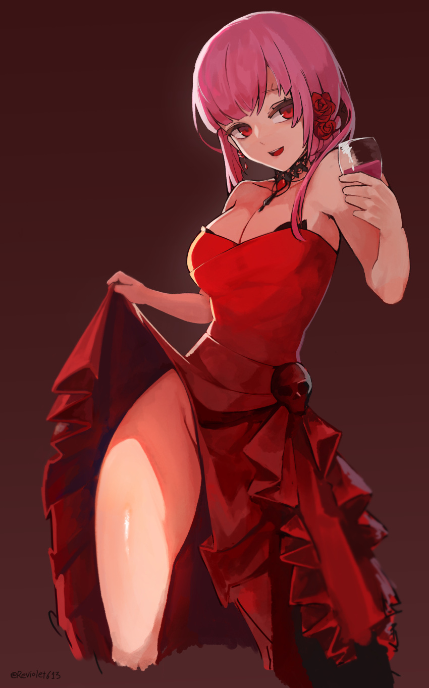 absurdres, alternate_hairstyle, artist_name, breasts, clothes_lift, cup, dress, dress_lift, drinking_glass, gradient, gradient_background, highres, hololive, hololive_english, iver_(reviolet), jewelry, mori_calliope, necklace, no_panties, official_alternate_costume, pink_hair, red_dress, red_eyes, rose_hair_ornament, skull, thighs, twitter_username, virtual_youtuber, wine_glass